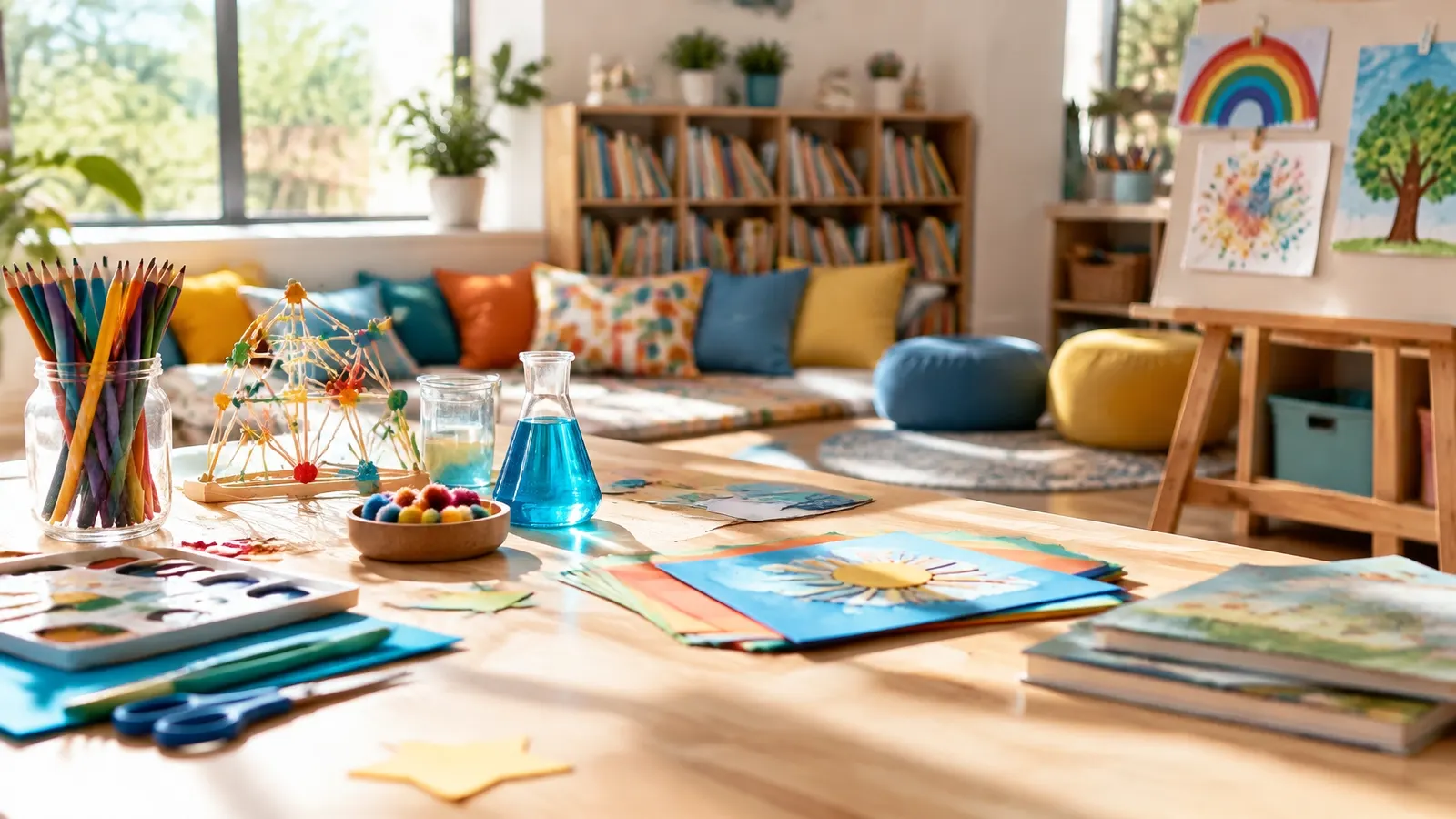 A colorful hands-on creative activity table with pencils, art supplies and a small engineering project